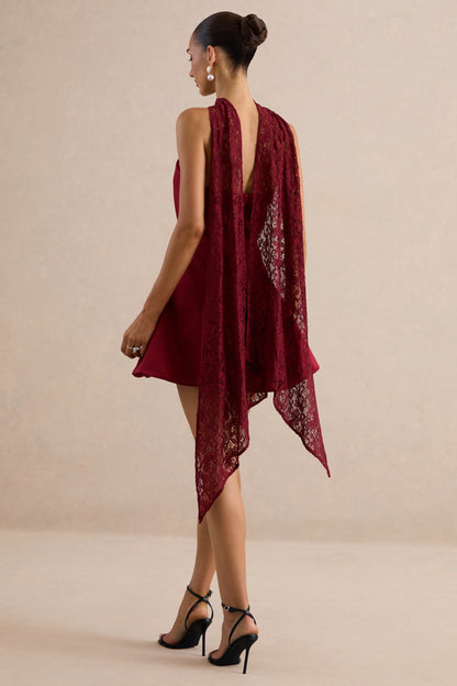Lioray | Burgundy Satin Bandeau-Neck A-Line Mini Dress