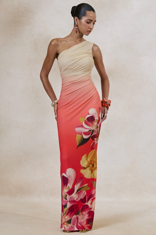 Hazel | Orange And Pink Floral Print Asymmetric-Neck Maxi Dress