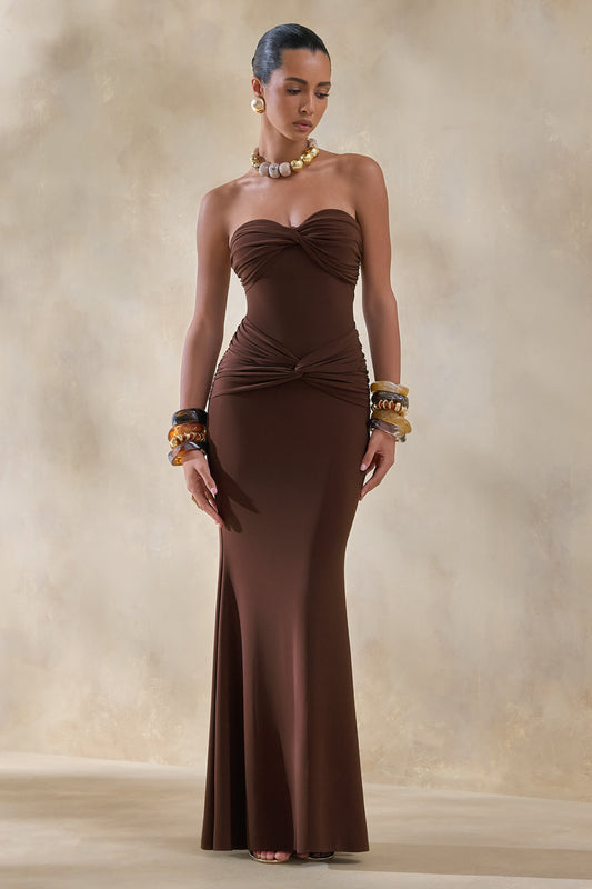 Elodia | Brown Bandeau Maxi Dress With Gathered-Detailing