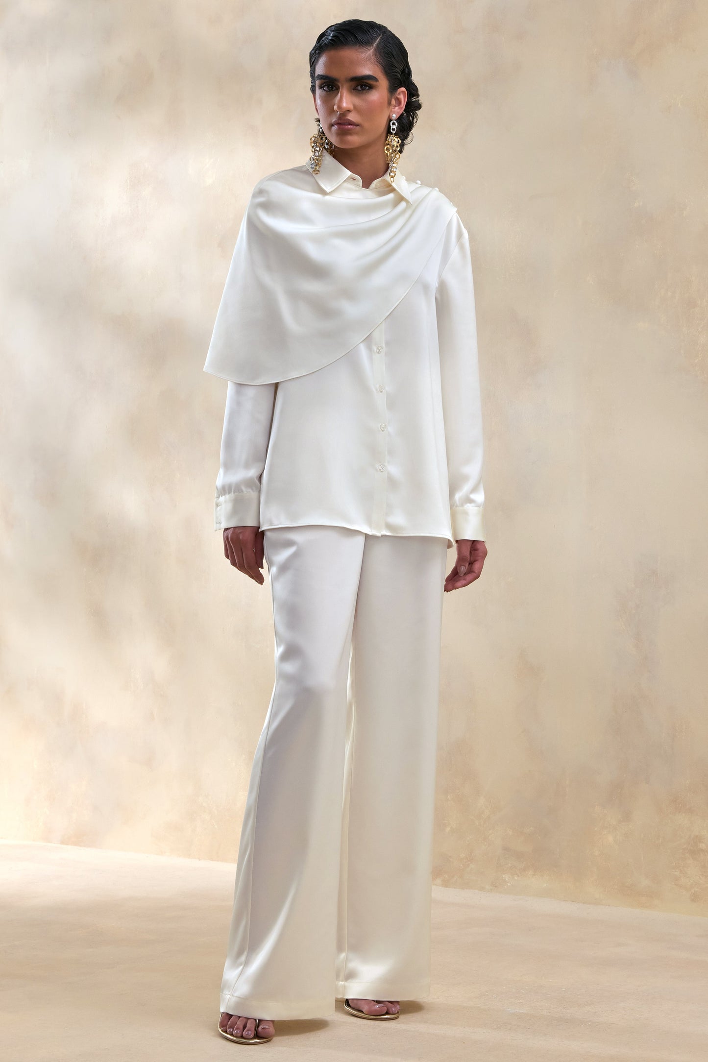 Ilena | Cream Satin Wide-Leg Trouser
