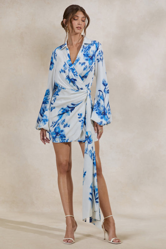 Itzara | Blue Floral Print Plunge-Neck Wrap Dress With Belt Detail
