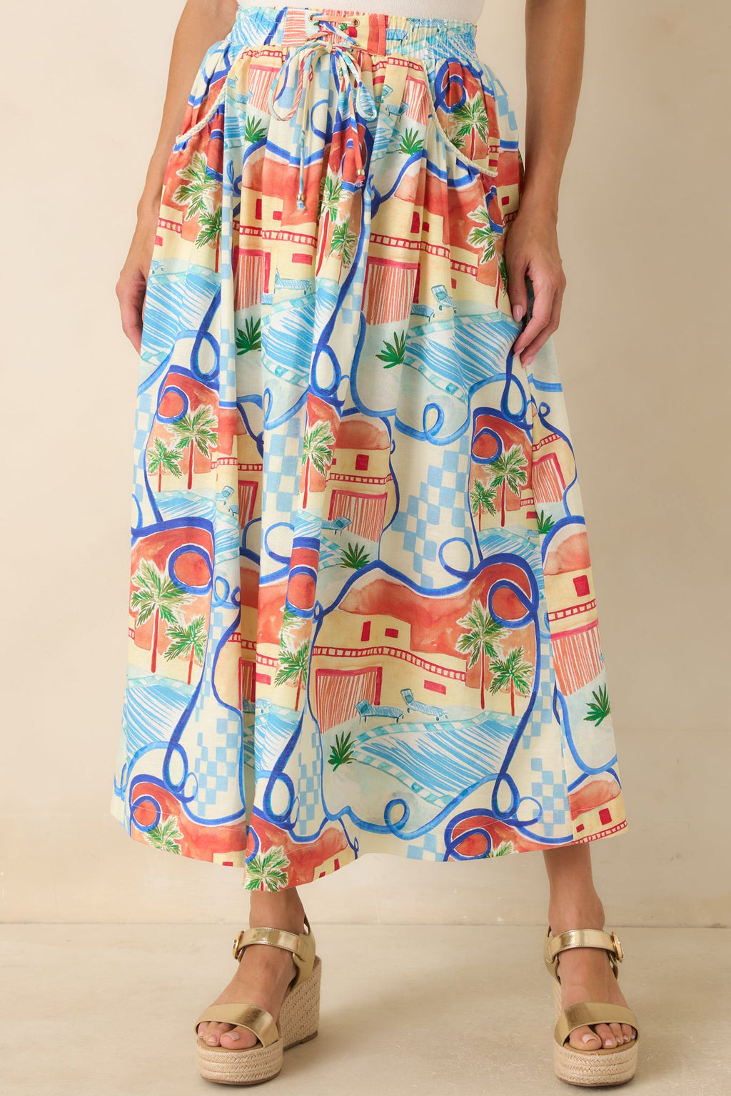 Where To Next? Coral Orange & Blue Multi Poolside Print Midi Skirt
