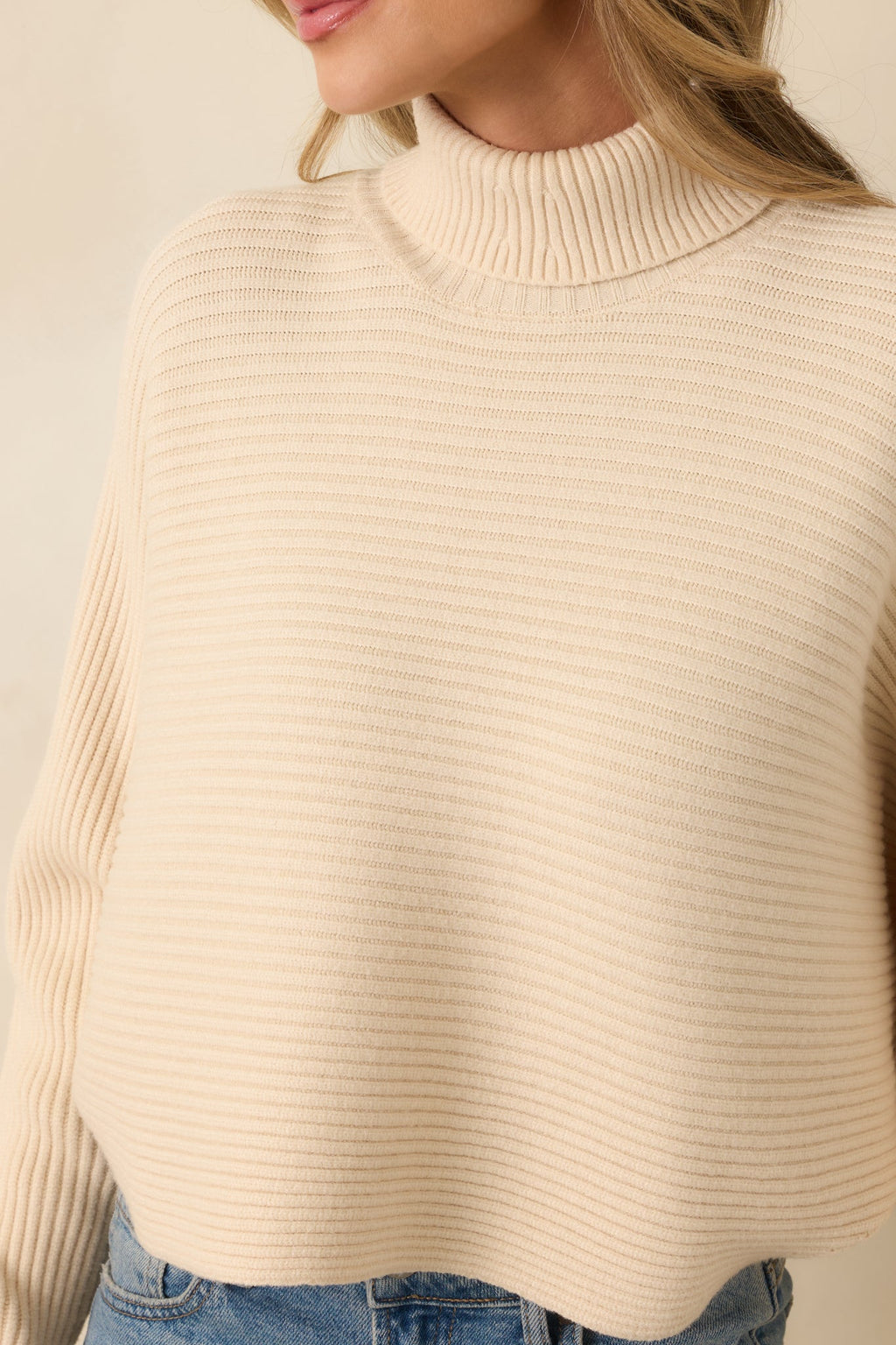 Polished Path Beige Ribbed Batwing Cropped Turtleneck Sweater