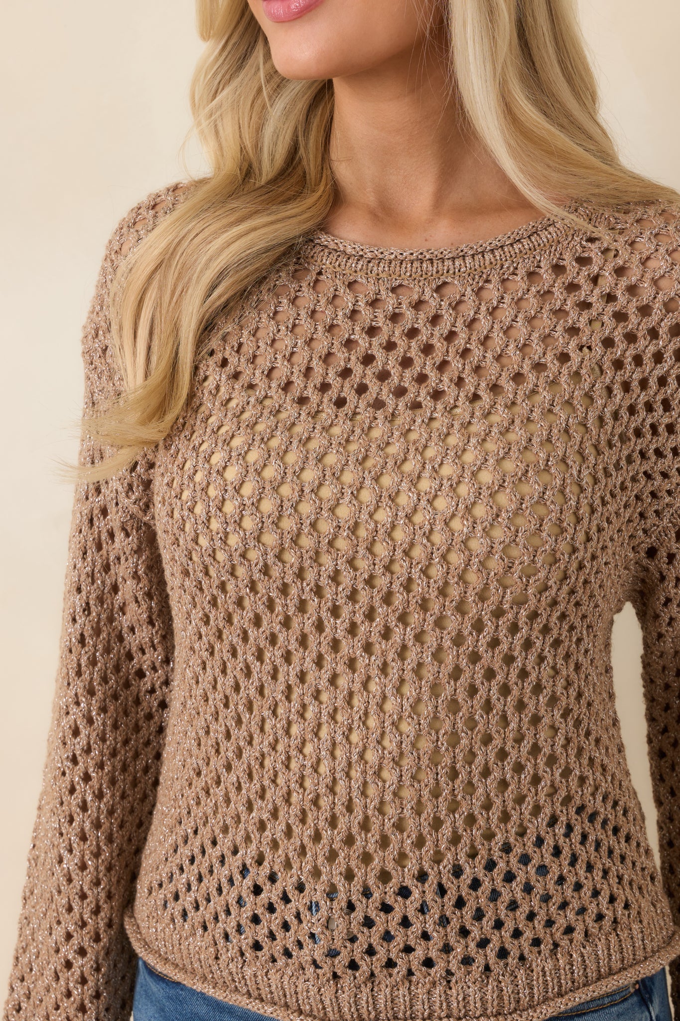 Z Supply Mocha Brown Cala Shimmer Crochet Sweater