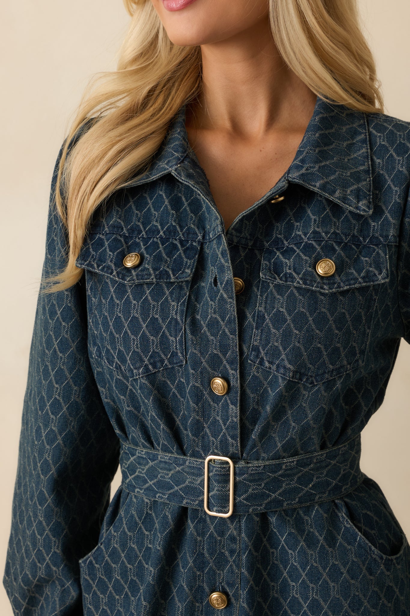 Just As I Said Blue Cotton Patterned Denim Belted Midi Dress