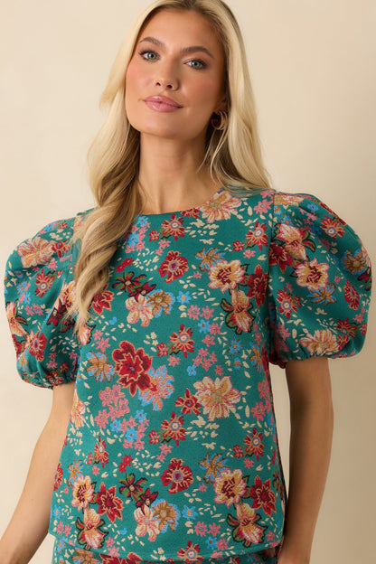 Pretty Please Teal Green Multi Floral Print Puff Sleeve Top