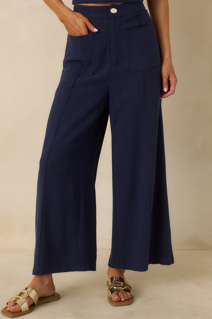 Met Your Match Navy Linen-Blend Wide Leg Pants