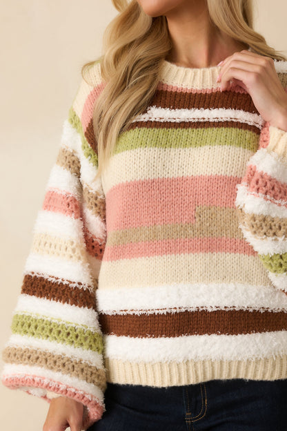 Line It Up Ivory Multi Textured Stripe Oversized Sweater