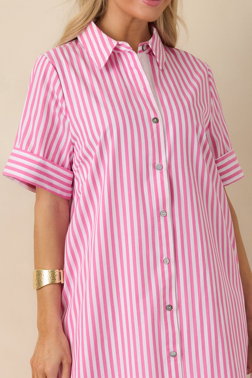 Pretty in Pinstripes Pink Cotton Stripe Button Front Maxi Shirt Dress