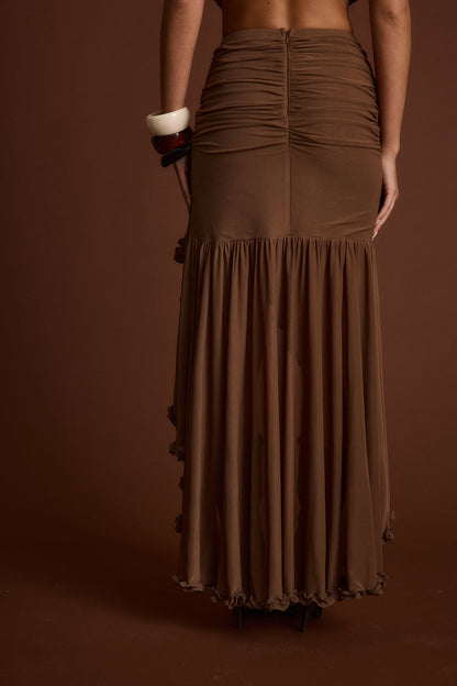 Evanna Brown High Low Ruffle Mesh Maxi Skirt