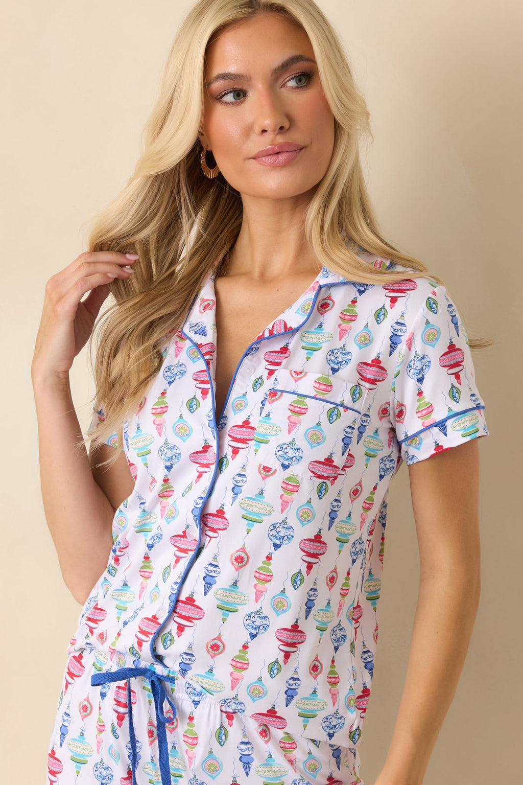 Decked In Delight White Multi Ornament Short Sleeve Button Up Pajama Top