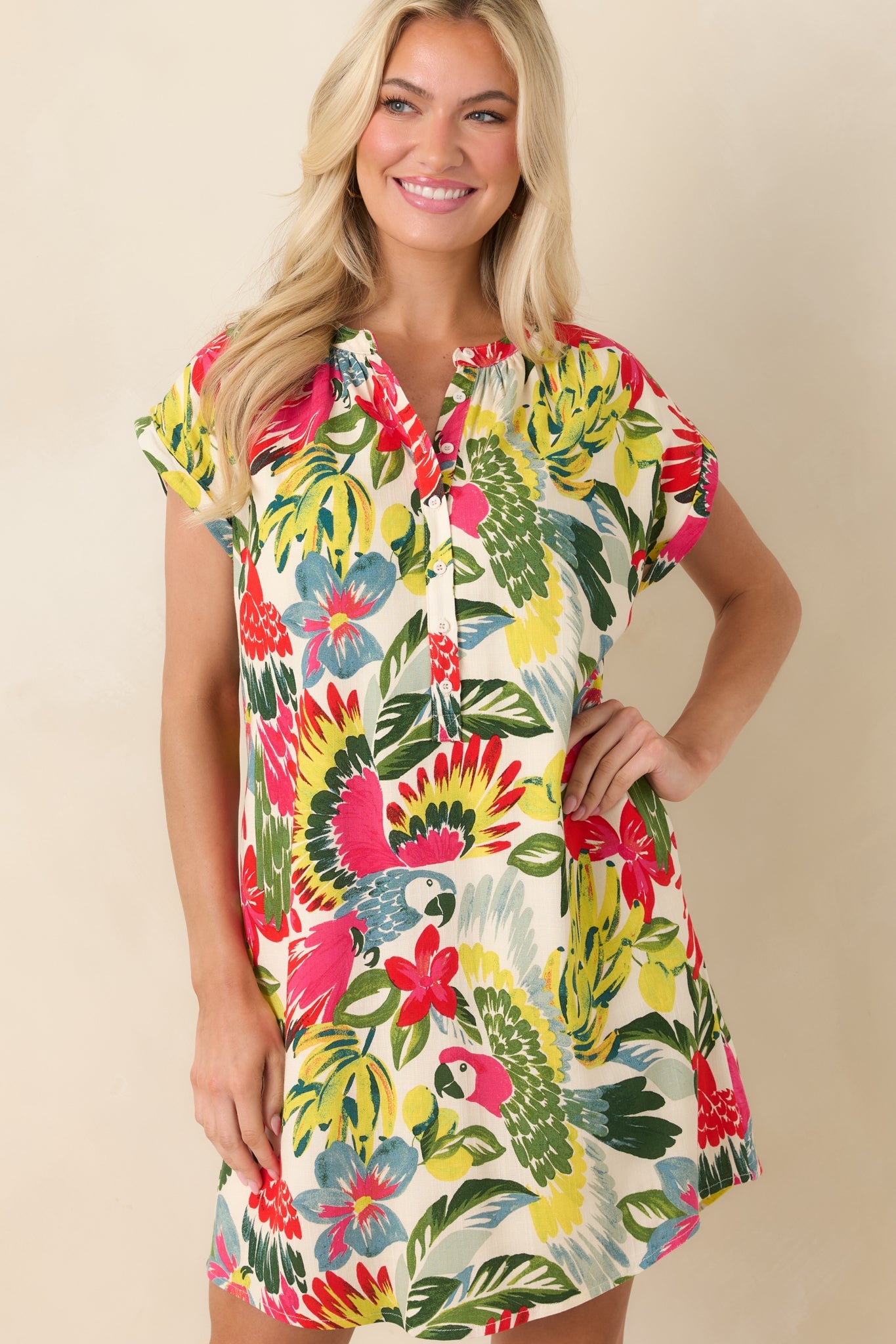 Tropic Like It's Hot Red Multi Parrot Print Shift Mini Dress