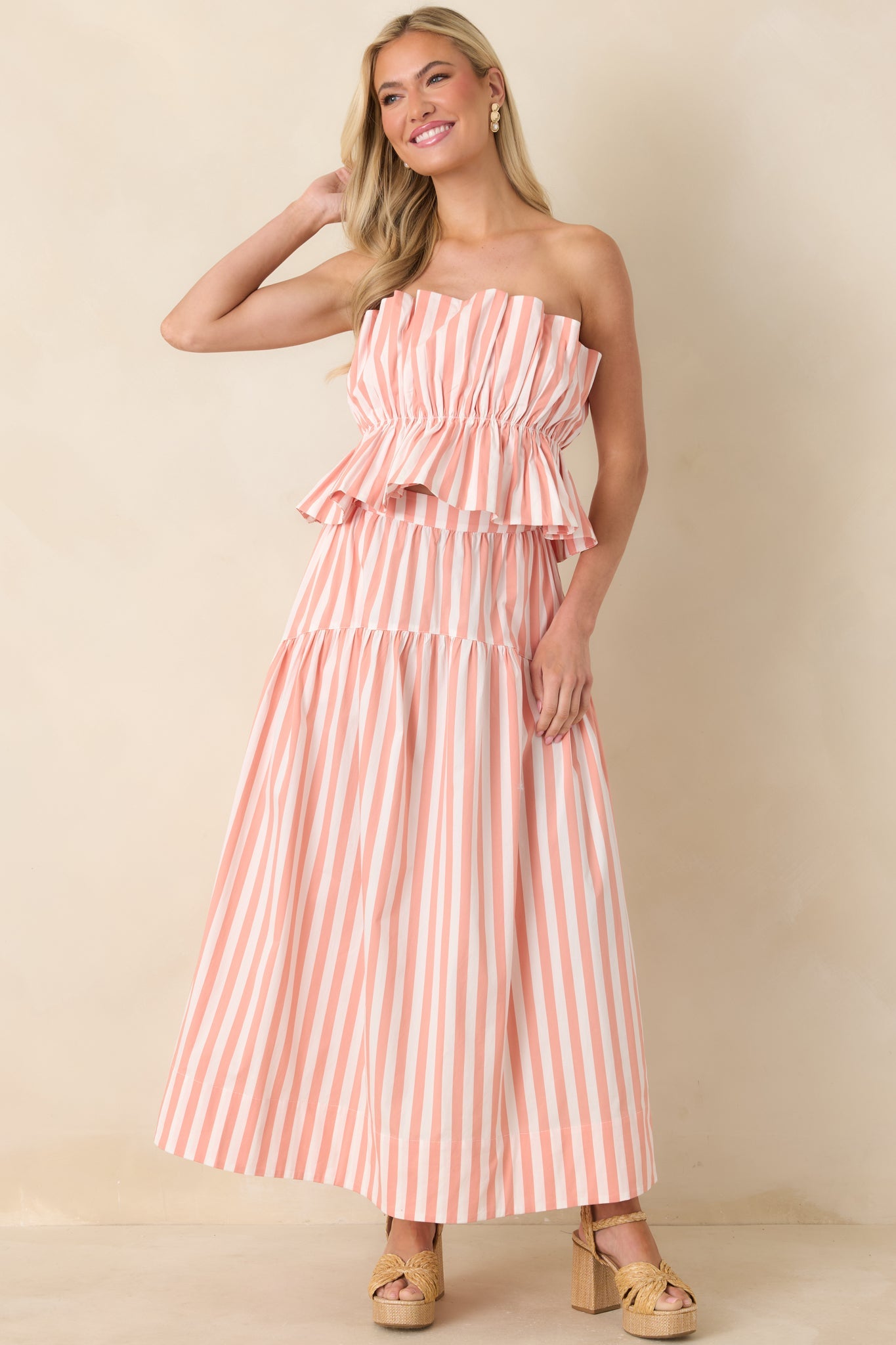 Tide & True Coral Orange Stripe Ruffle Bandeau Top