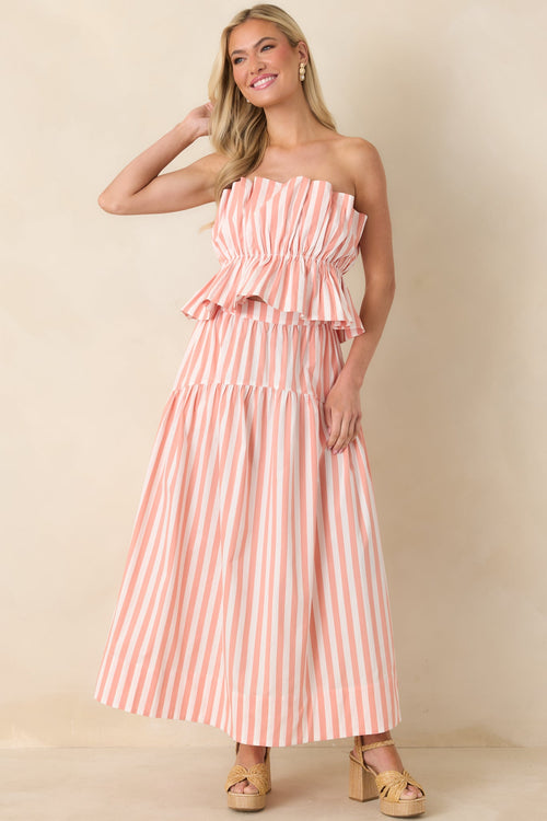 Tide & True Coral Orange Stripe Ruffle Bandeau Top