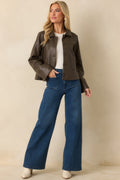 City Limits Chocolate Brown Faux Leather Button Up Jacket