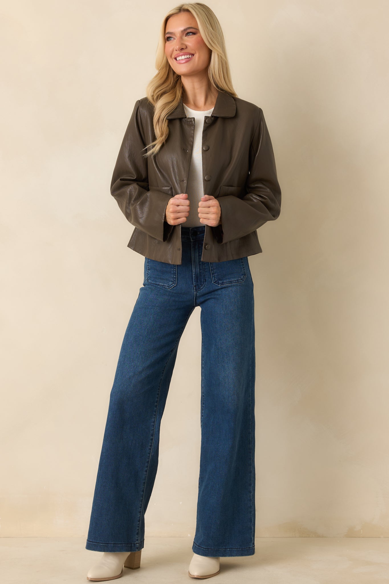 City Limits Chocolate Brown Faux Leather Button Up Jacket