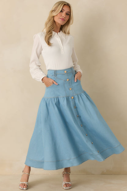 Town & Country Light Wash Denim Button-Down Maxi Skirt