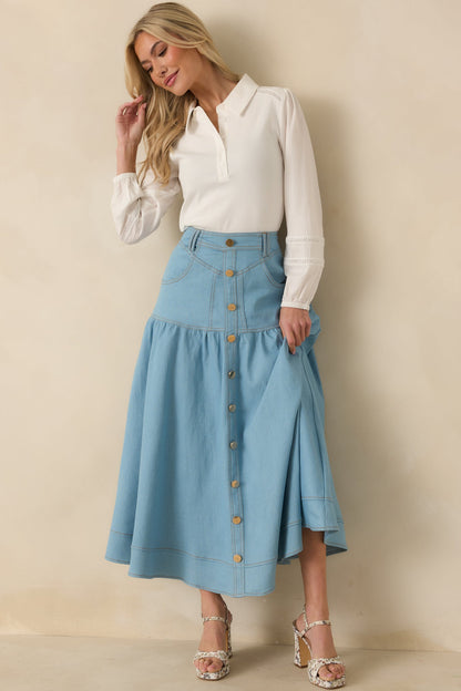 Town & Country Light Wash Denim Button-Down Maxi Skirt