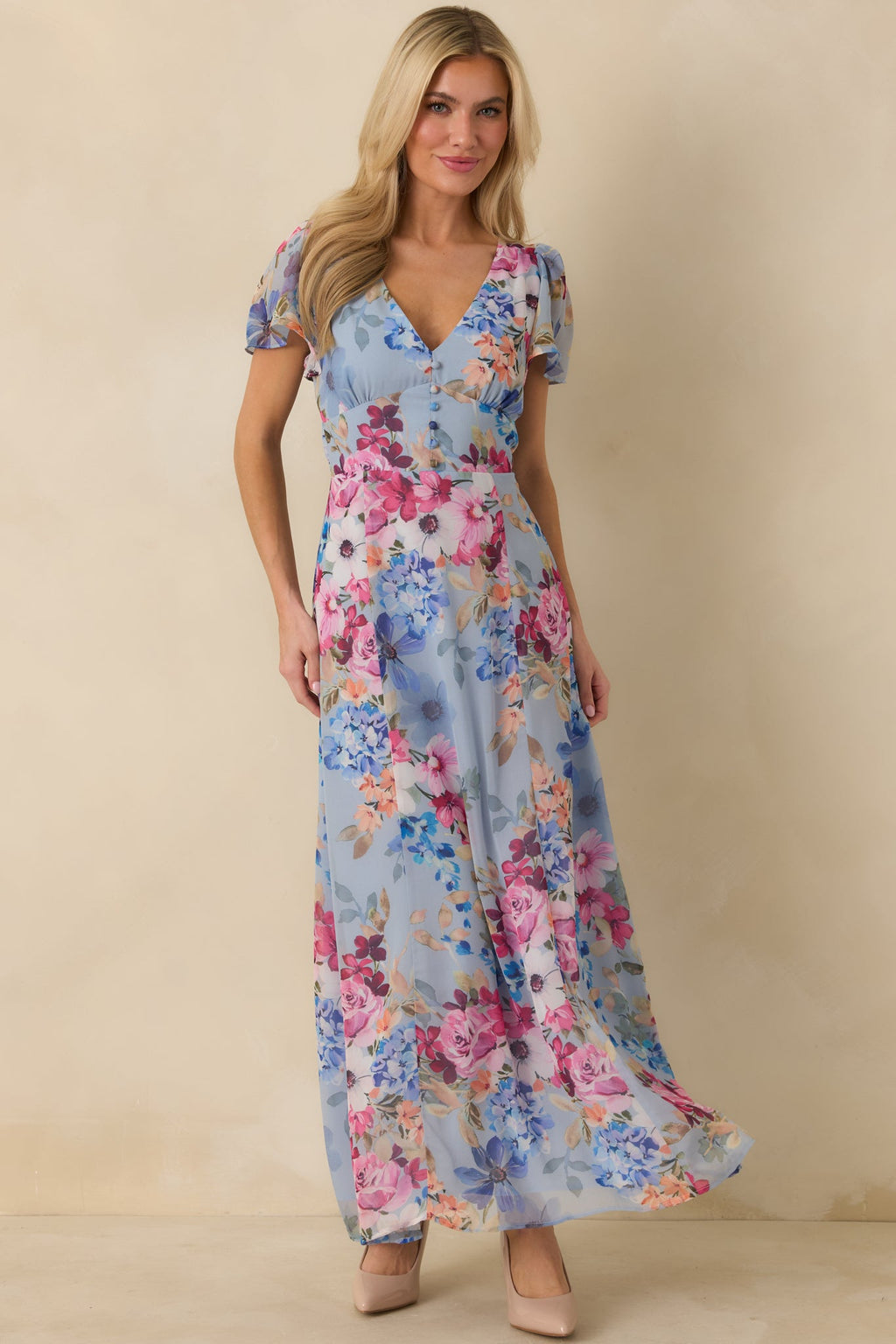 Fate Finds a Way Blue Multi Floral V-Neck Flutter Sleeve Maxi Dress