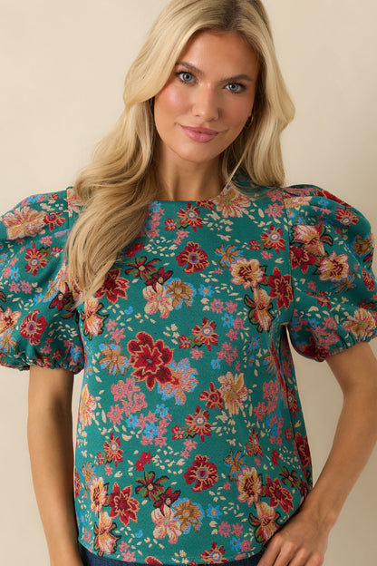 Pretty Please Teal Green Multi Floral Print Puff Sleeve Top