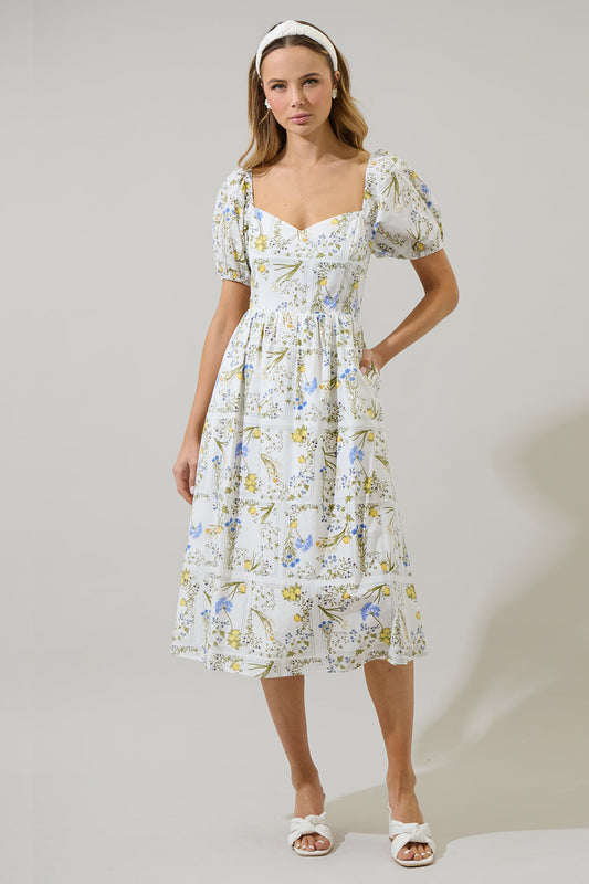 Cecily Floral Alessi Puff Sleeve Midi Dress
