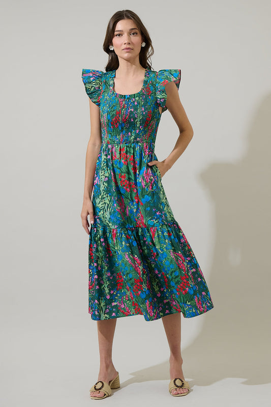 Devin Floral Glare Smock Tiered Midi Dress