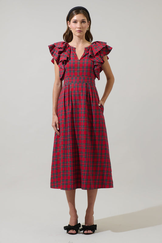 Arvada Plaid Santana Tie Back Midi Dress