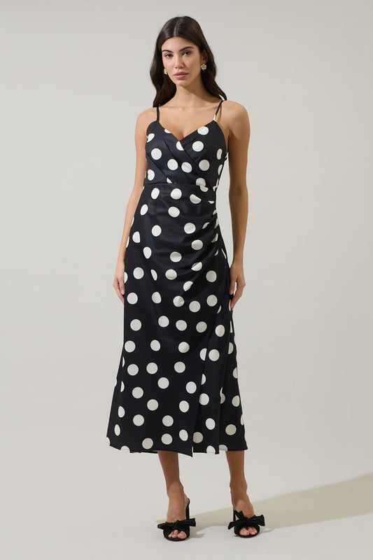 Derba Polka Dot Pleated Satin Midi Dress