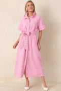 Check Me Out Pink Gingham Ruffle Collar Belted Maxi Dress