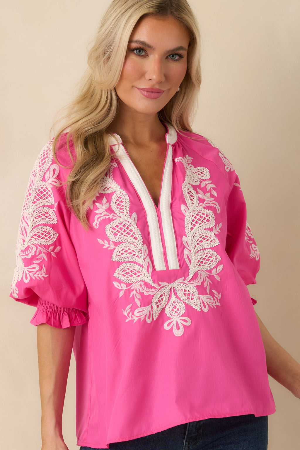 Simple Joys Pink Embroidered V-Neck Puff Sleeve Top
