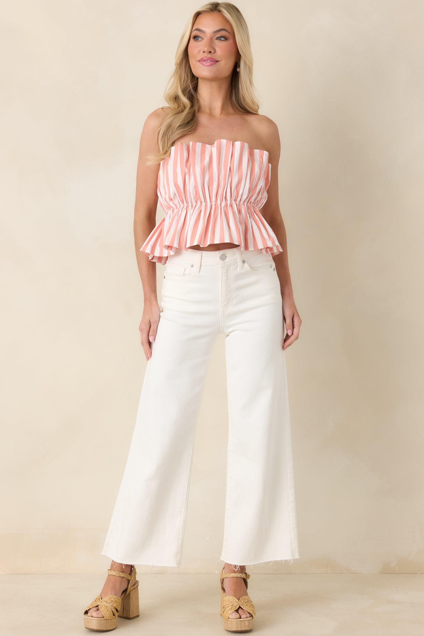 Tide & True Coral Orange Stripe Ruffle Bandeau Top