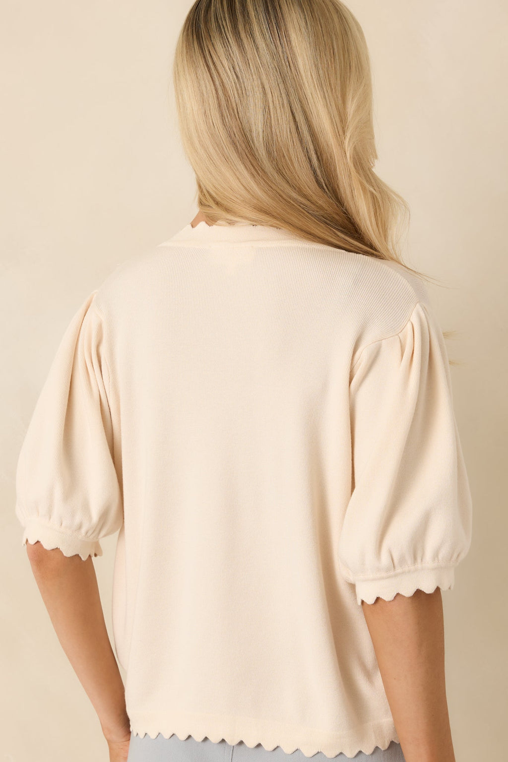Simply So Cute Ivory Knit Scalloped Edge Puff Sleeve Button Up Cardigan