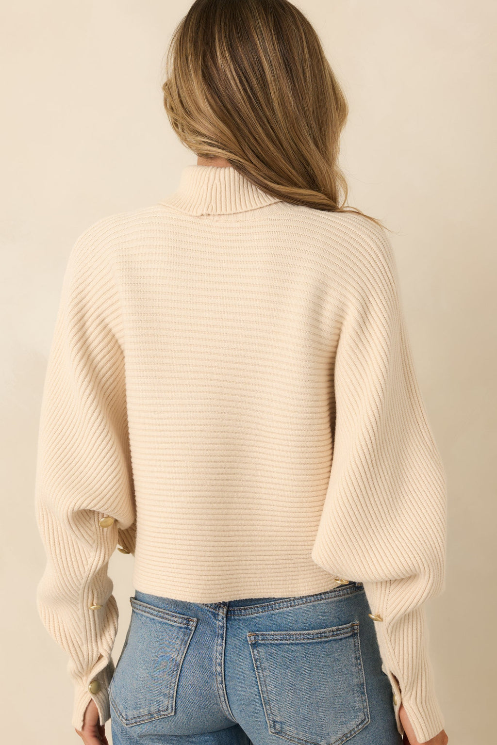 Polished Path Beige Ribbed Batwing Cropped Turtleneck Sweater