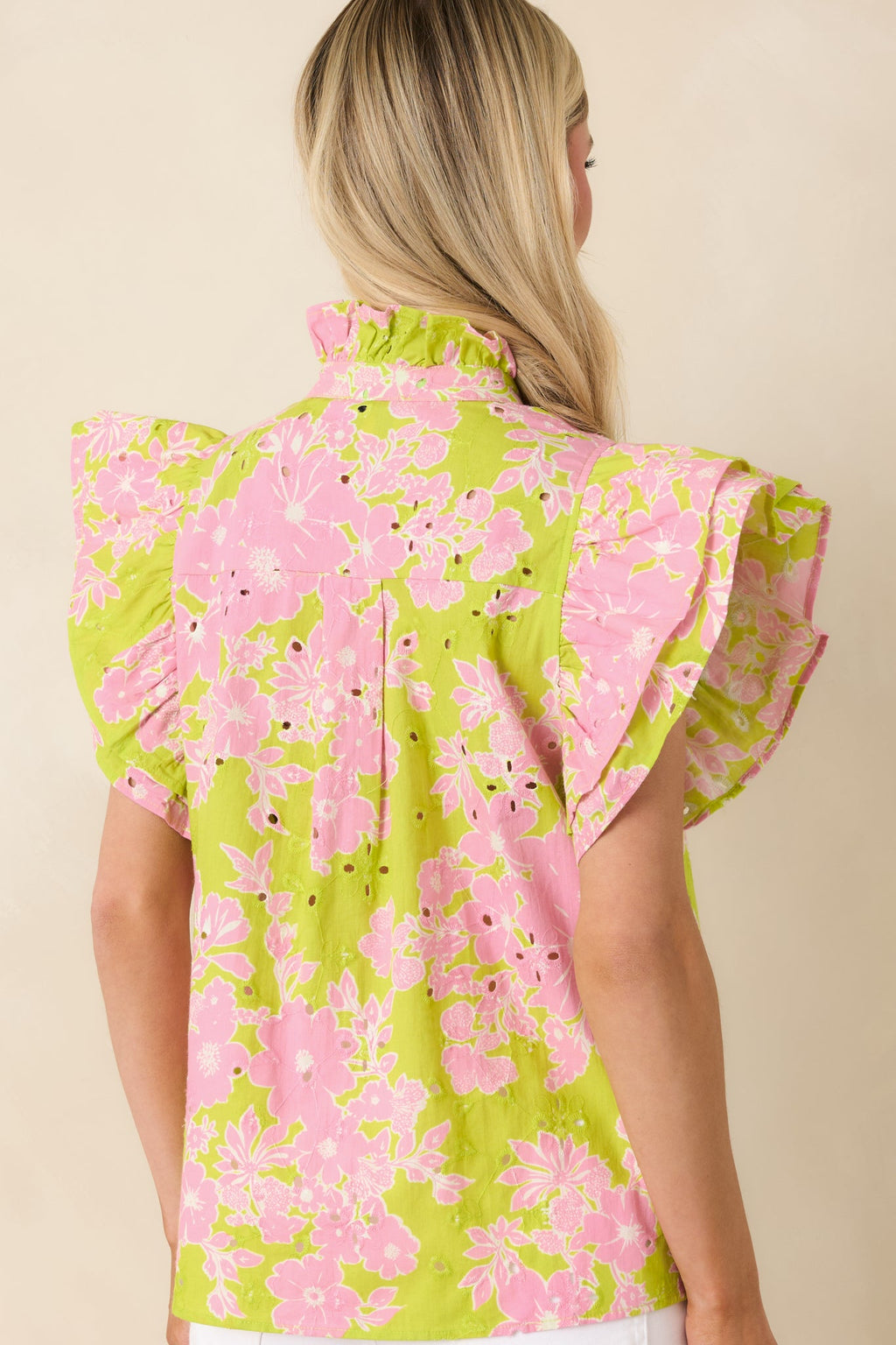 Make It Known Chartreuse & Pink Floral Cotton Eyelet Top