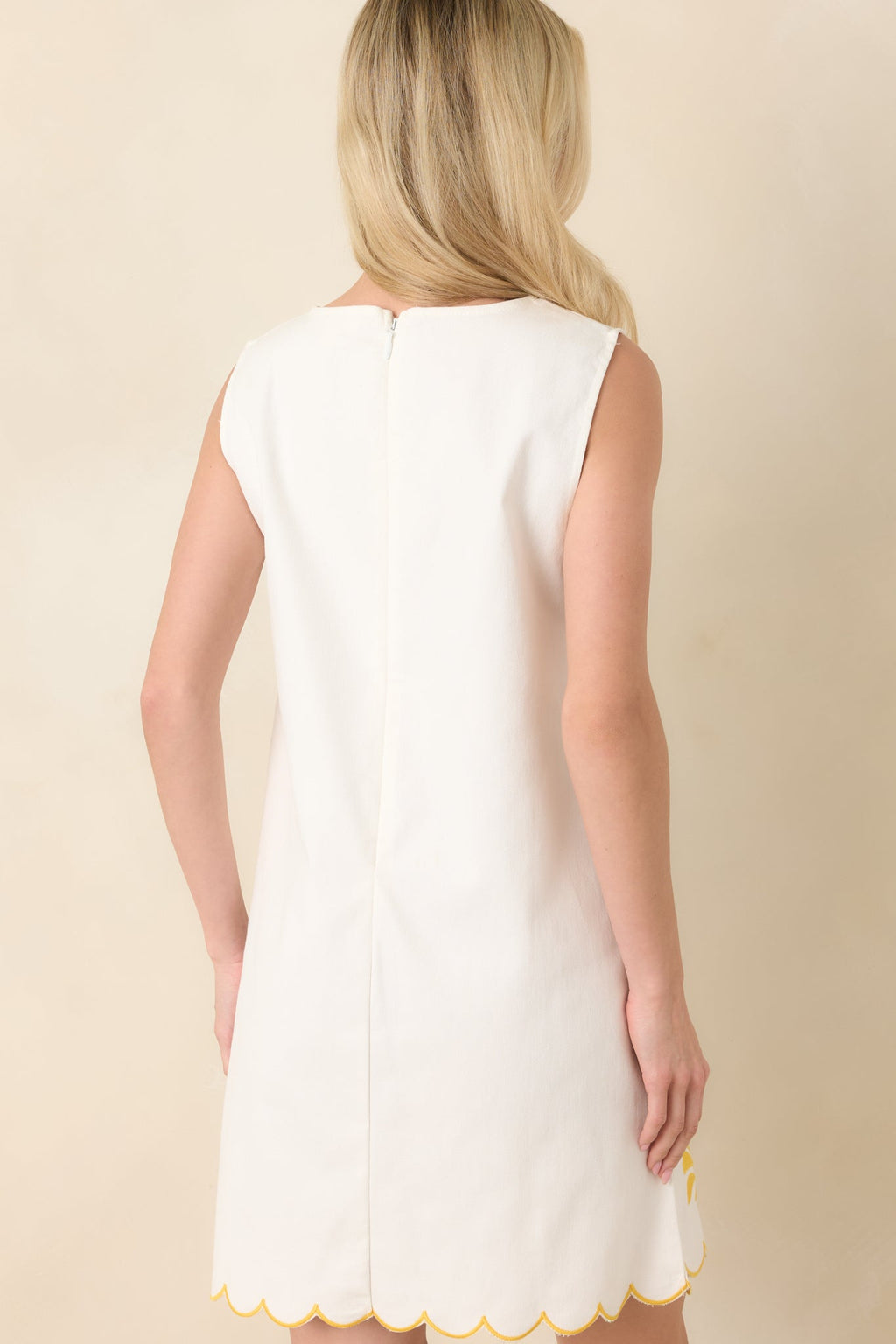 Golden Coastlines White & Yellow Embroidered Scalloped Cotton Mini Dress