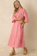 Lighthearted Days Red Stripe Belted Button Front Maxi Shirt Dress