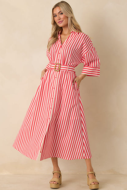 Lighthearted Days Red Stripe Belted Button Front Maxi Shirt Dress