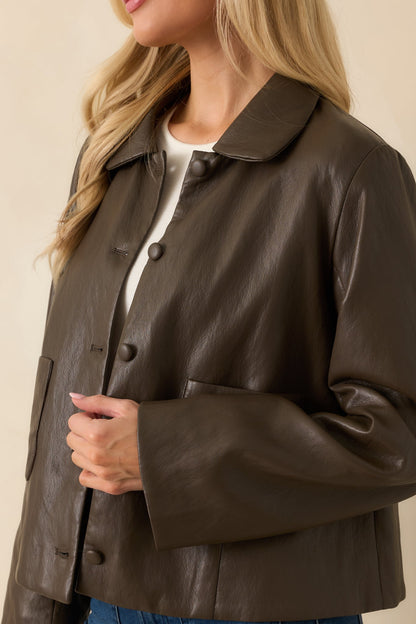 City Limits Chocolate Brown Faux Leather Button Up Jacket