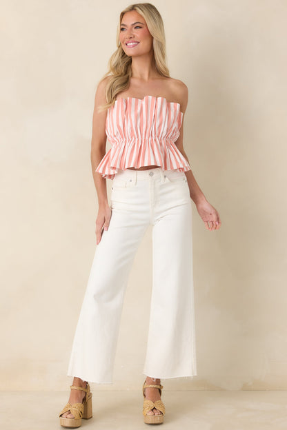 Tide & True Coral Orange Stripe Ruffle Bandeau Top