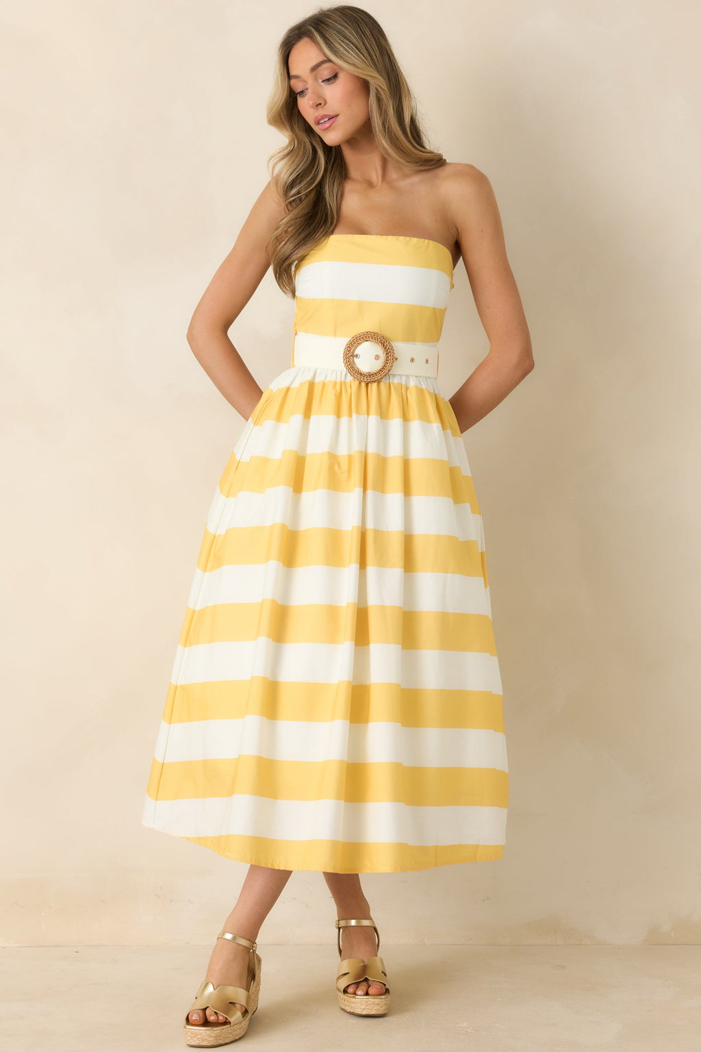 The Amanda Yellow & White Stripe Cotton Strapless Midi Dress