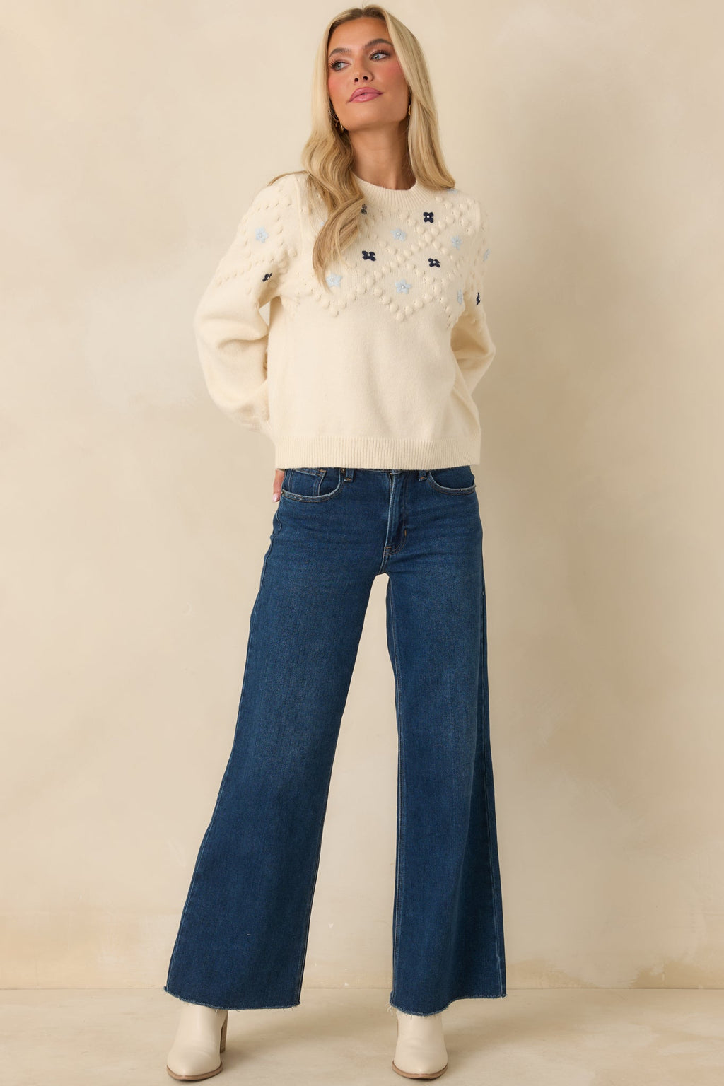 Petals and Pearls Ivory Multi Knit Floral Embroidered Crewneck Sweater