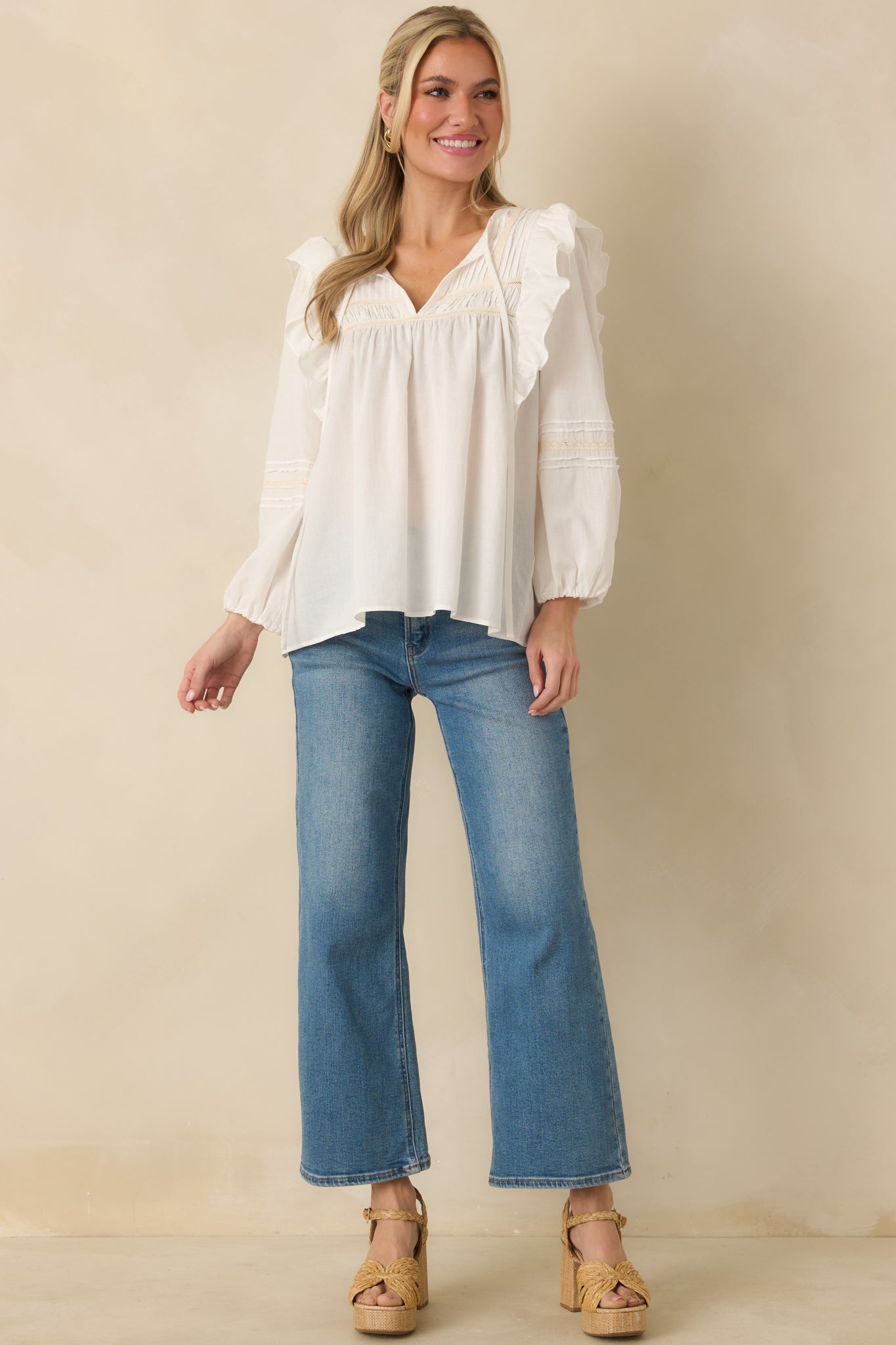 Where We Begin White Ruffle & Lace Trim Blouse