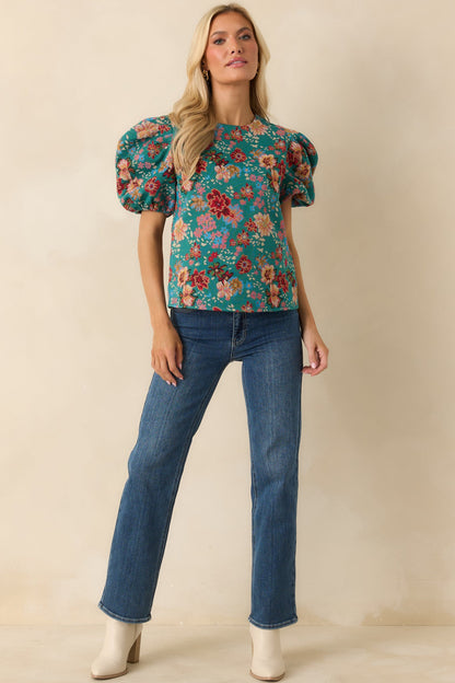 Pretty Please Teal Green Multi Floral Print Puff Sleeve Top