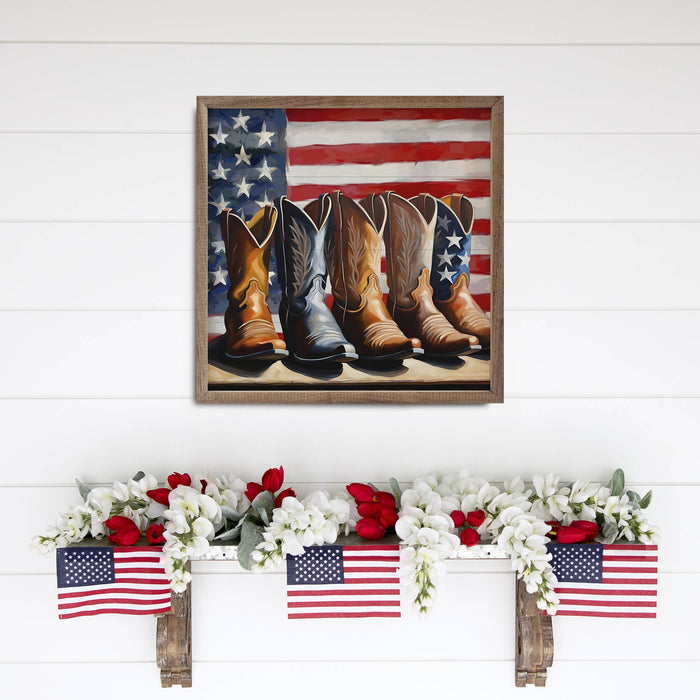 American Flag With Boots Wood Art