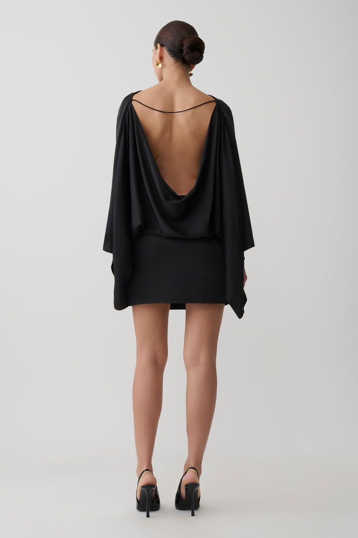 Anoushka Cowl Back Satin Mini Dress - Black