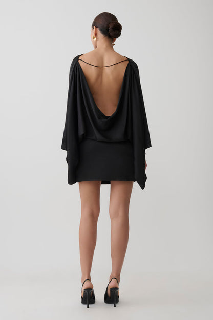 Anoushka Cowl Back Satin Mini Dress - Black