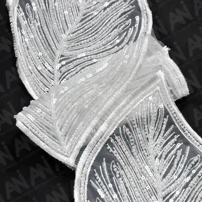 Beaded cut work Large Leaf Design Lace Trim on net | 1 meter
