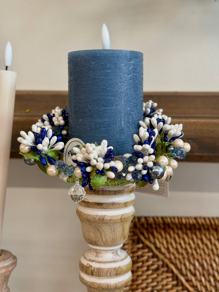 Close-up of blue mix pip berry candle ring detail from Magnolias Home Decor