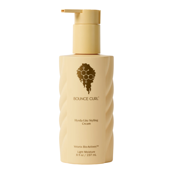 Bottle of Bounce Curl weightless hydralite styling cream on a white background