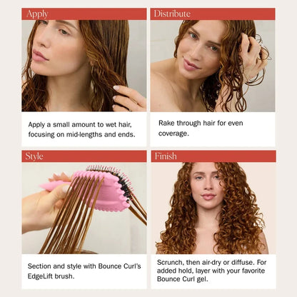 Step-by-step guide on using a hair bounce curl hydra-lite styling cream with images of a woman applying and styling her hair.